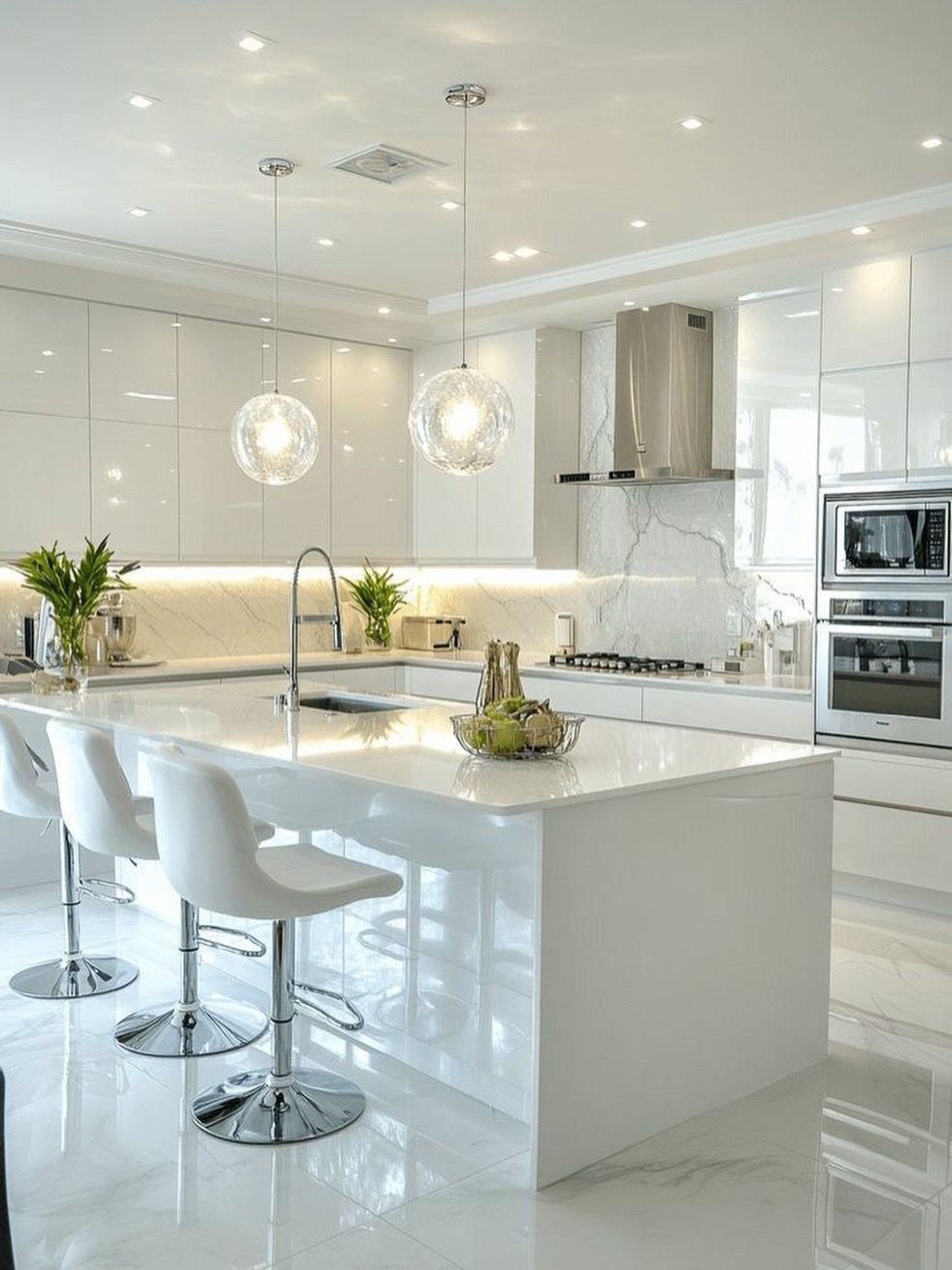 Modern white kitchen with glossy white cabinets, a large island, and marble flooring.