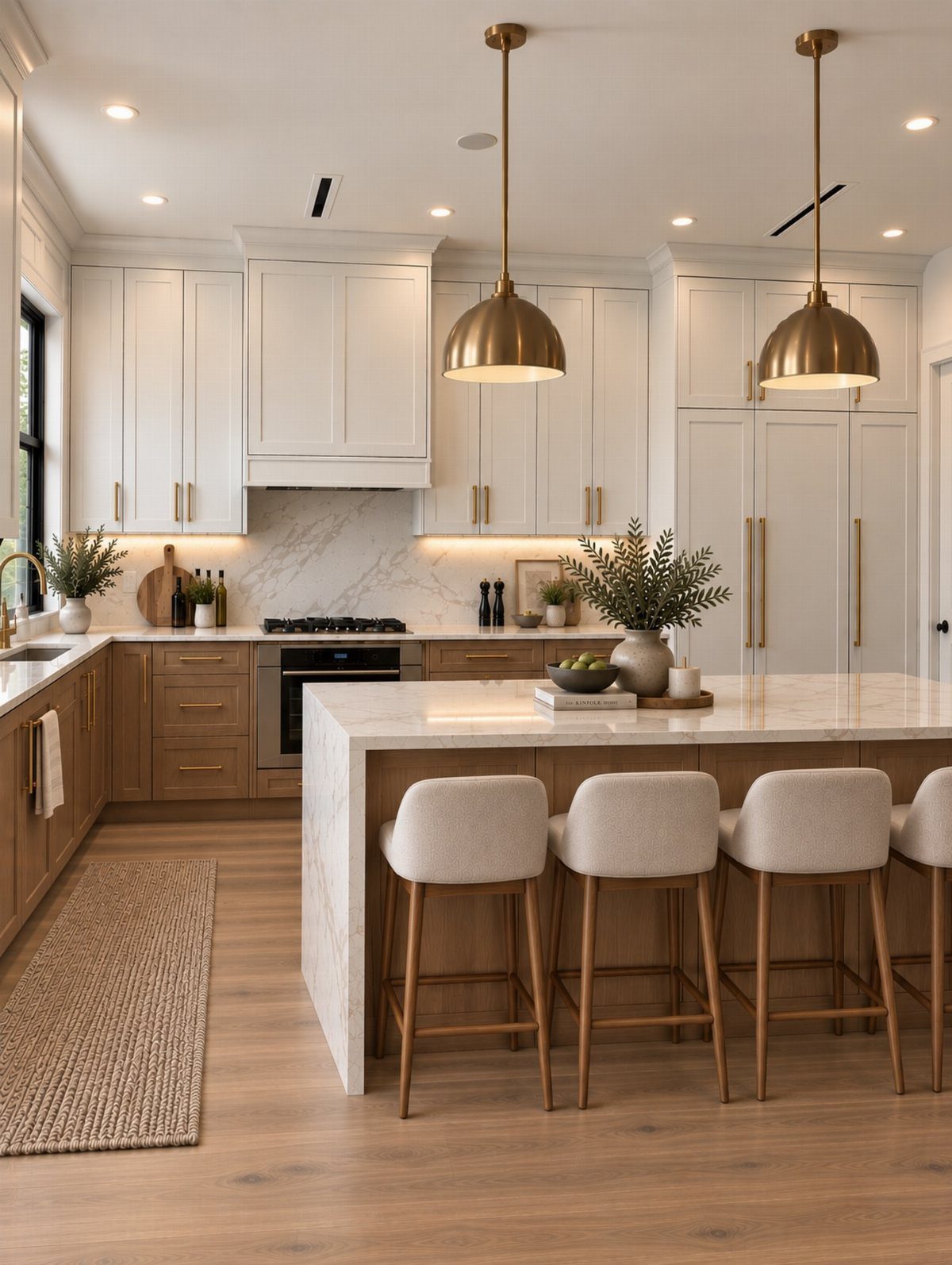 Modern kitchen with white upper cabinets, light wood lower cabinets, and beige bar stools.