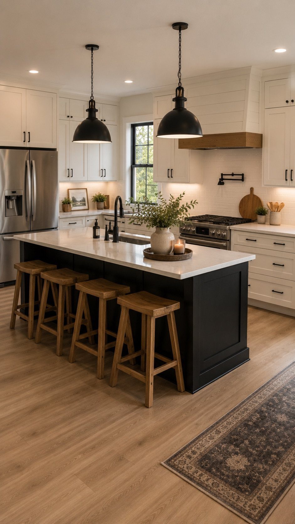 Black kitchen island with white countertops and white cabinets in a modern kitchen.