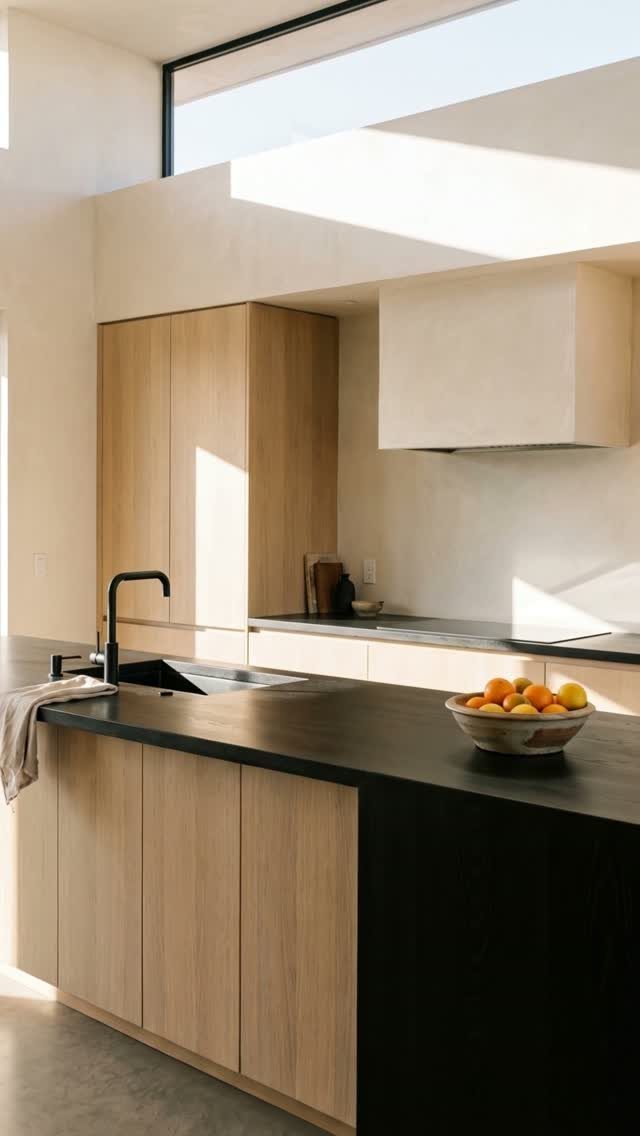 Modern kitchen with light wood cabinets and a bold black countertop island.