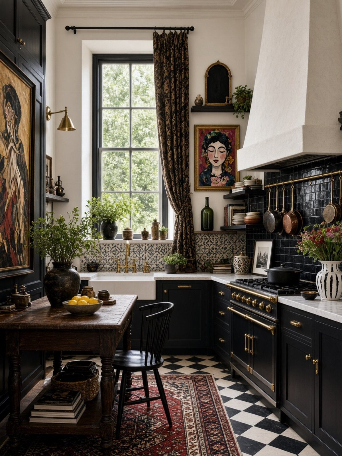 Black kitchen cabinets and tiled backsplash with checkered floors and a wooden table.