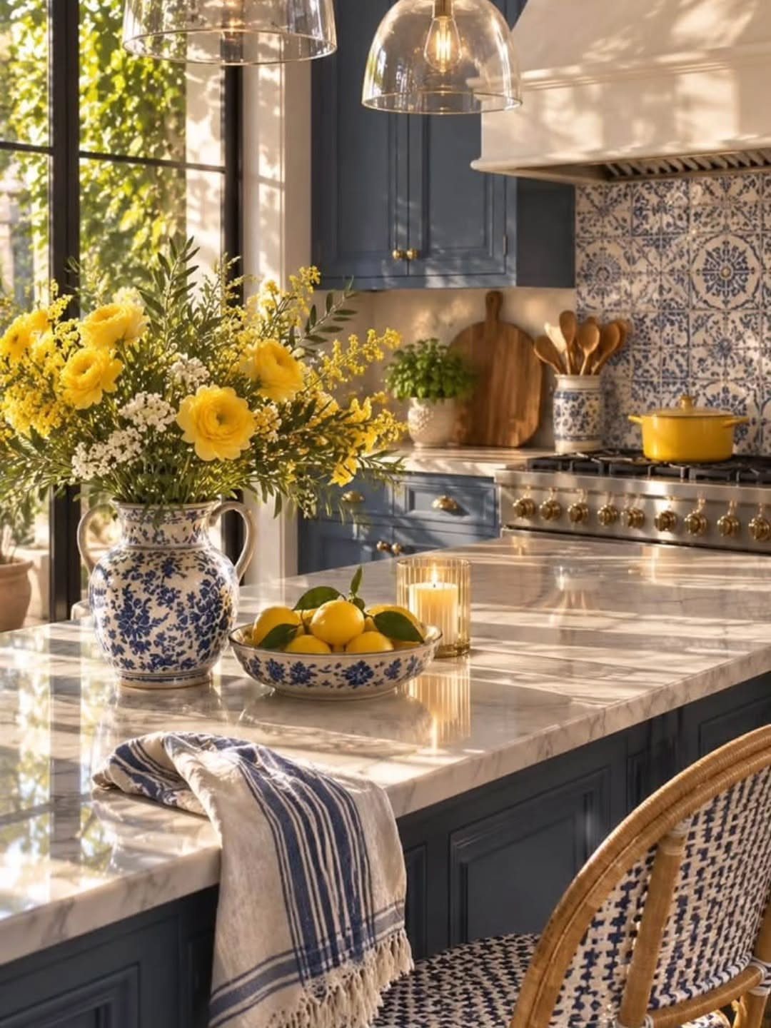 Navy blue kitchen cabinets with a blue and white patterned tile backsplash and marble countertops.