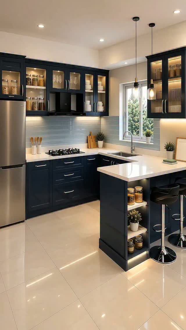 Navy blue kitchen cabinets with white countertops and a light blue tiled backsplash.