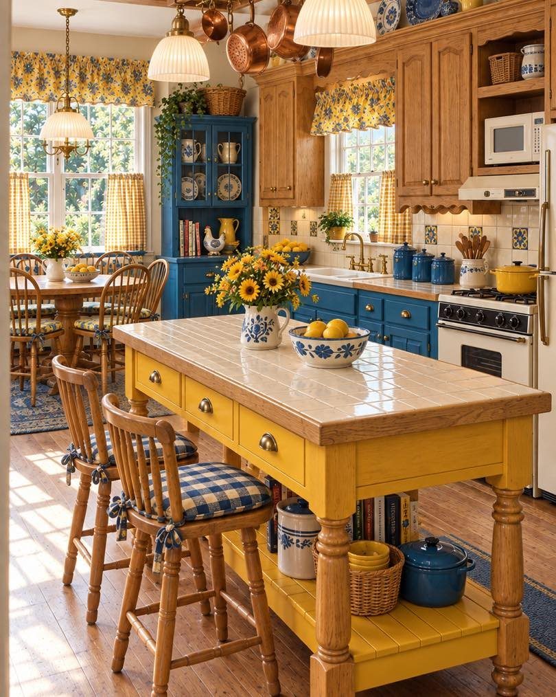 Yellow kitchen island and blue cabinets in a rustic country style kitchen.