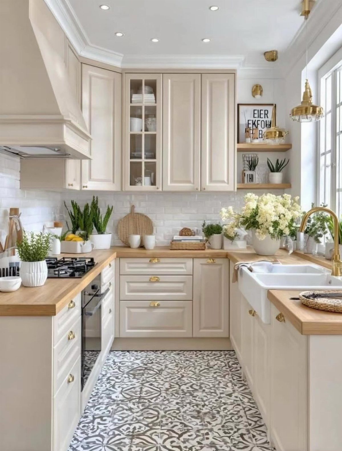 Cream kitchen cabinets with light wood countertops and patterned gray tile flooring.