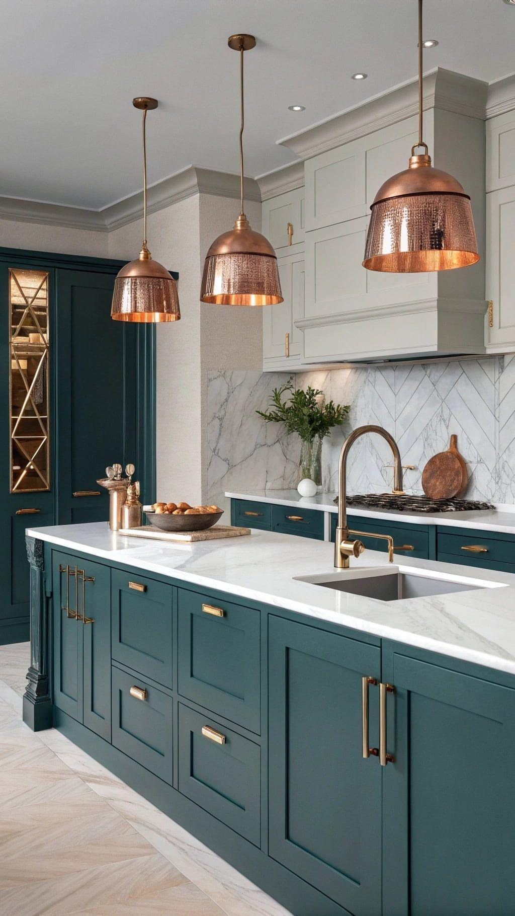 Dark teal kitchen cabinets with white marble countertops and copper pendant lighting.