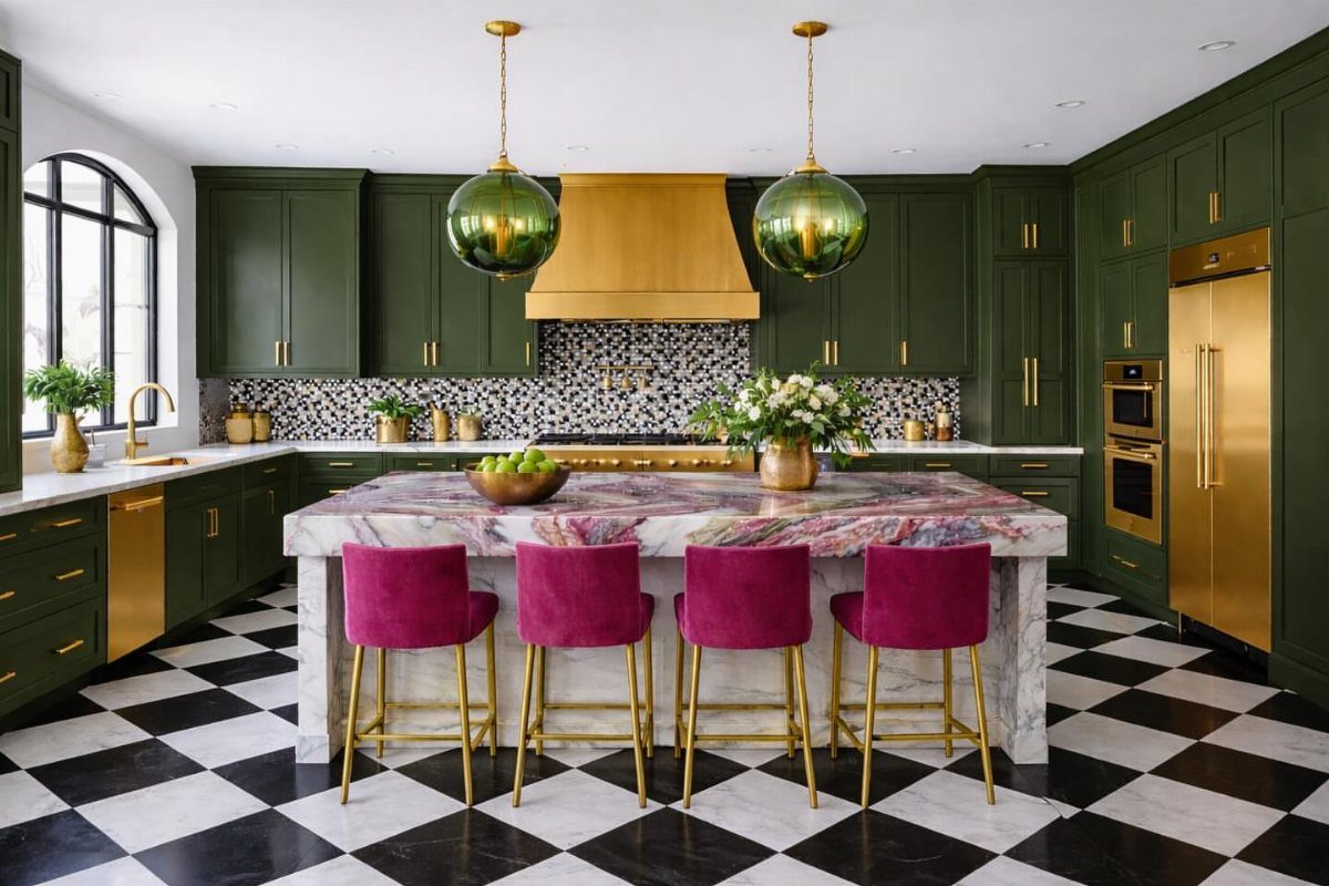 Forest green kitchen cabinets with magenta velvet stools and a checkered floor.