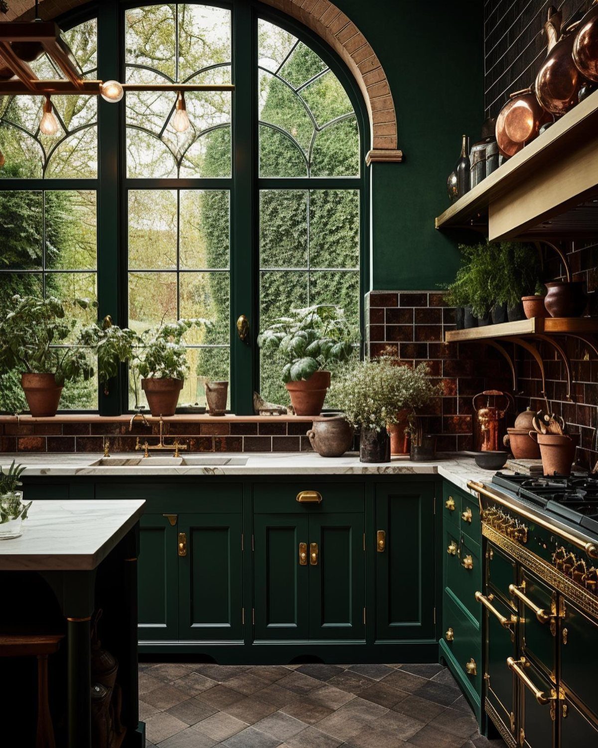 Deep green kitchen cabinets and walls paired with a dark red tiled backsplash.