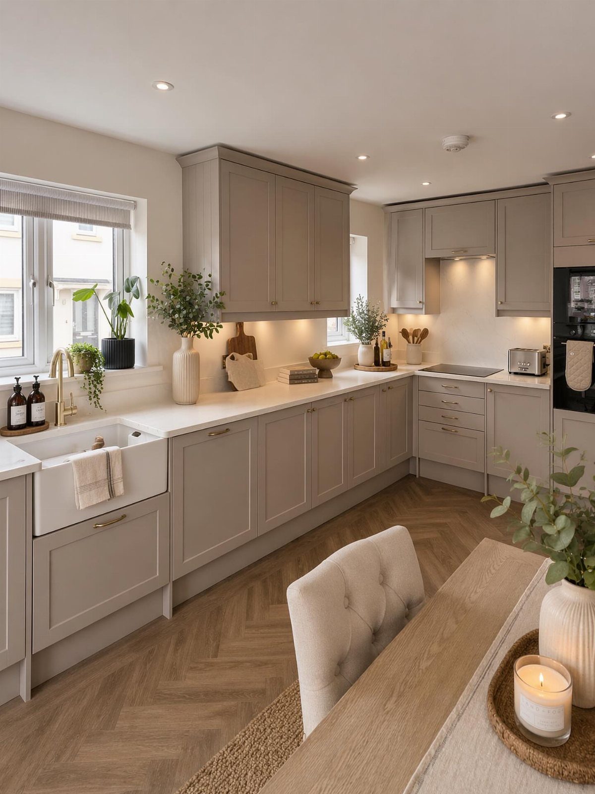 Greige kitchen cabinets with white countertops and light wood herringbone flooring.