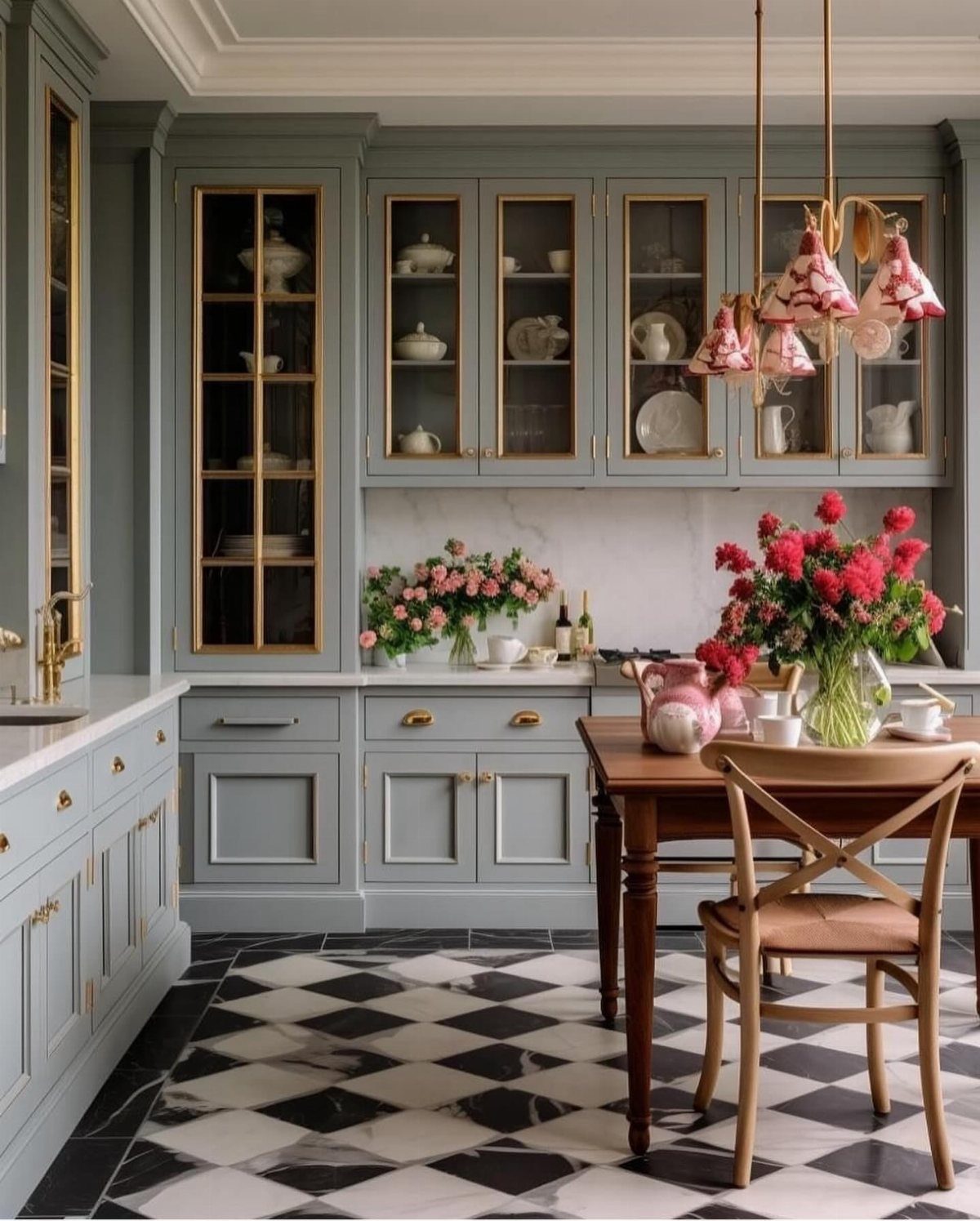 Muted blue-gray kitchen cabinets with gold hardware and black and white checkered flooring.