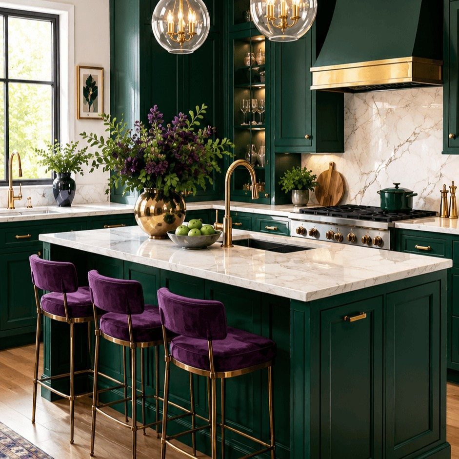 Emerald green kitchen cabinets with white marble countertops and purple velvet bar stools.