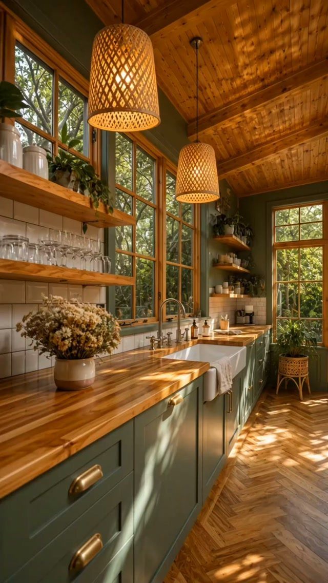 Sage green kitchen cabinets with light wood countertops and woven wicker pendant lights.