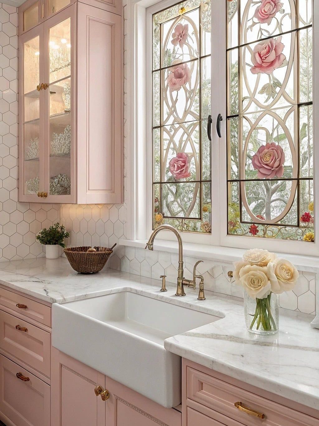 Pastel pink kitchen cabinets with a marble countertop and rose stained glass window.
