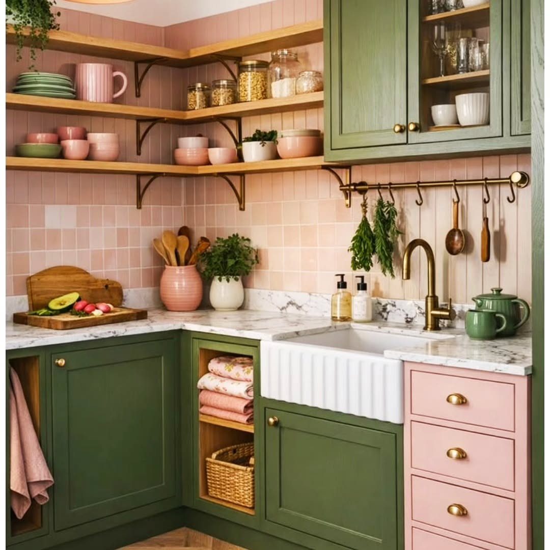 Green and pink kitchen cabinets with a pink tile backsplash and marble countertops.