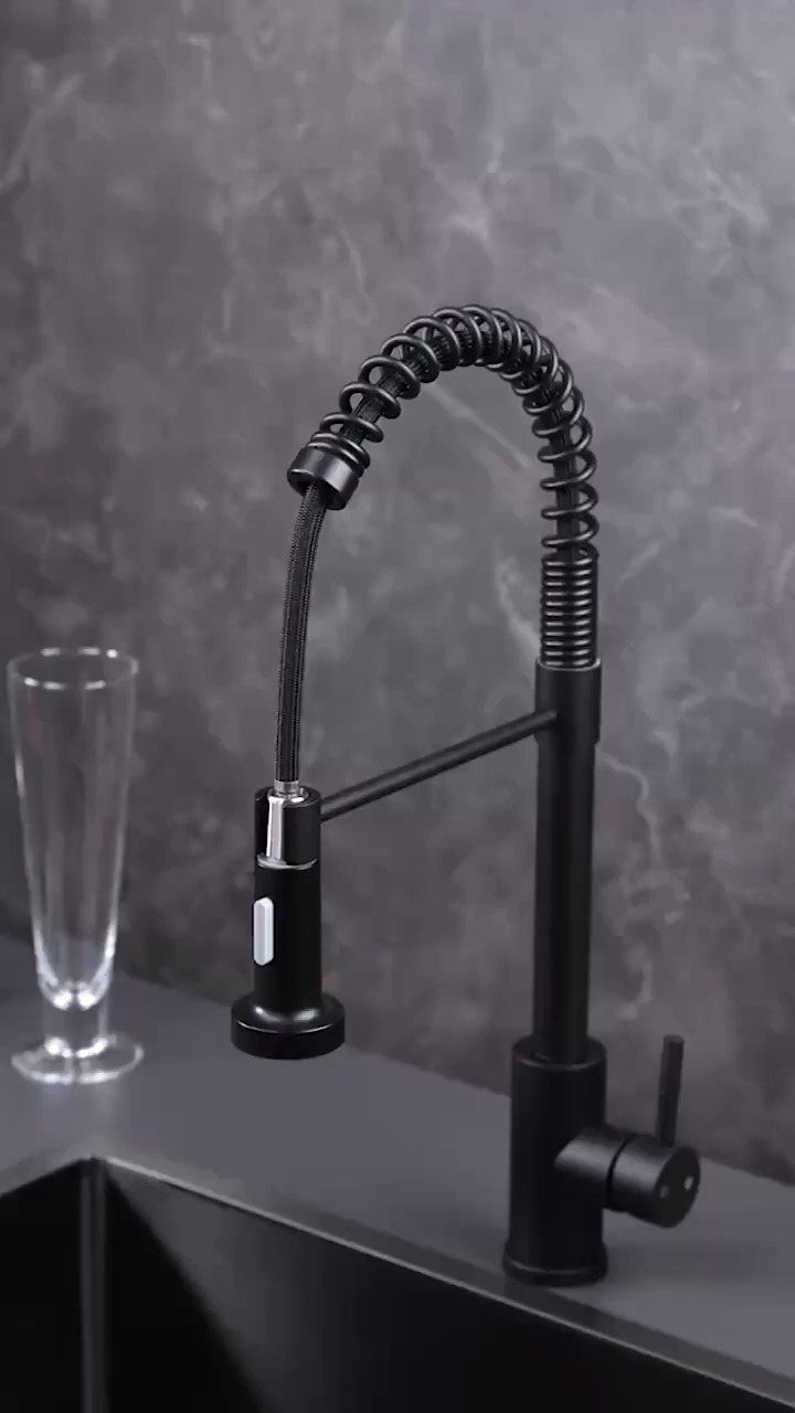 Matte black commercial-style kitchen faucet with a spring spout and pull-down sprayer.