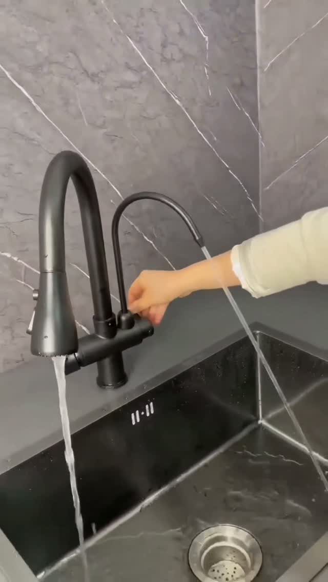 Matte black pull down kitchen faucet and secondary spout running water into a sink.