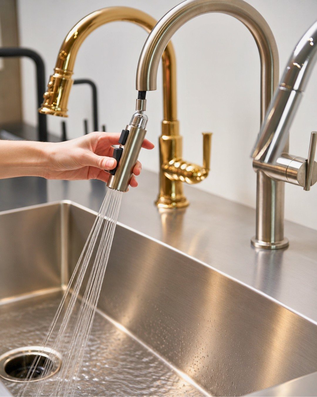 Brushed nickel pull-down faucet spraying water with gold and black faucets in background.