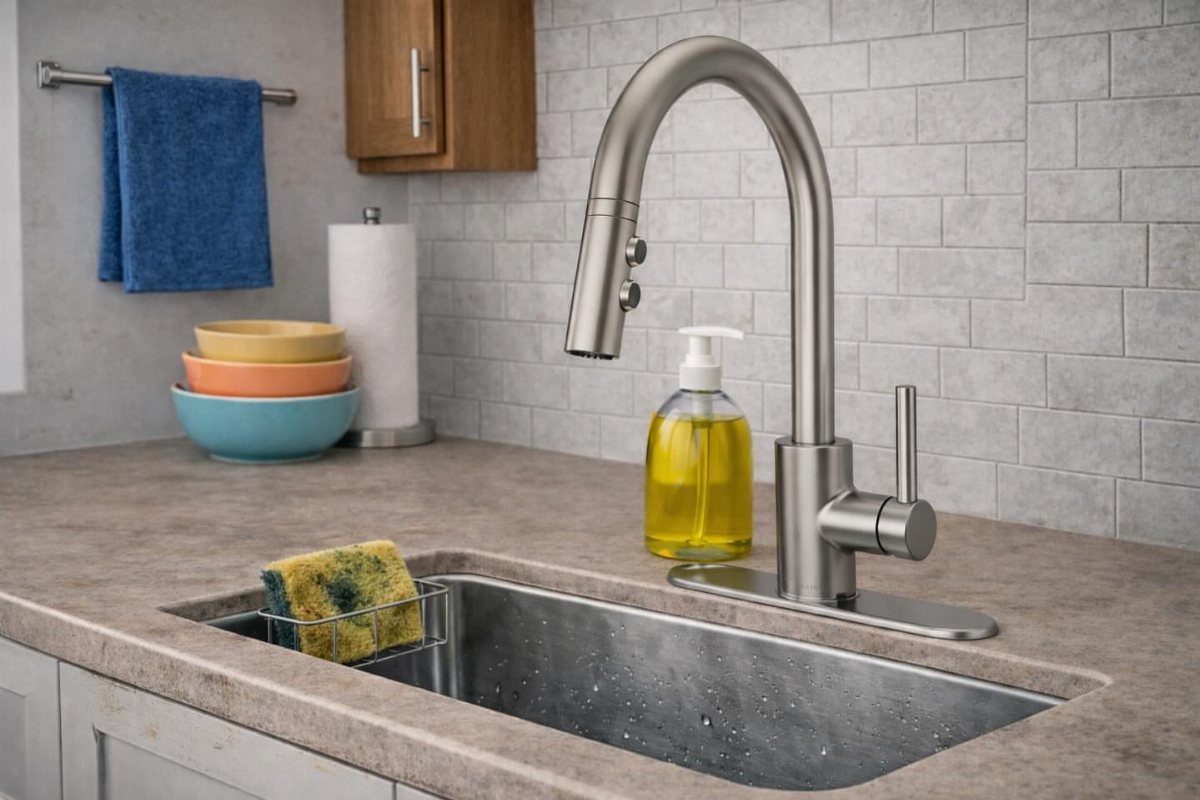 Brushed nickel pull-down kitchen faucet installed on a grey countertop by a sink.
