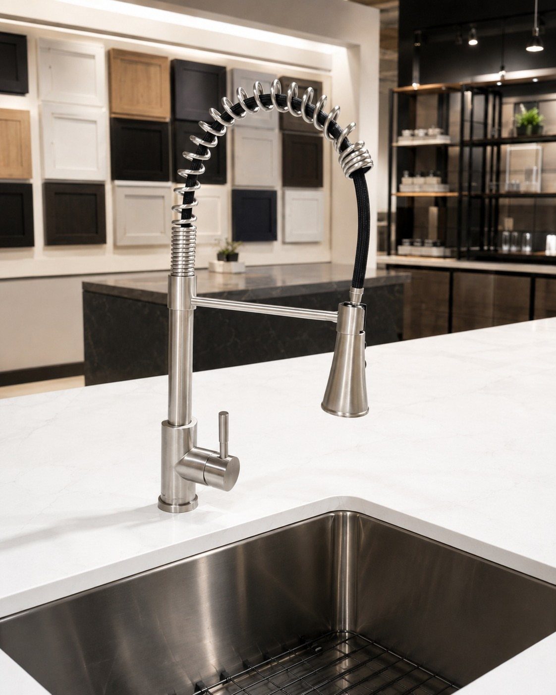 Brushed nickel pull-down kitchen faucet with spring coil neck over a stainless steel sink.