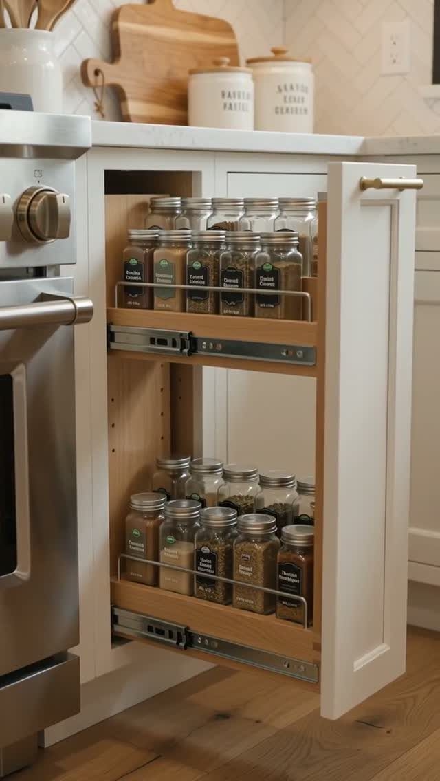 Two-drawer pull-out spice organizer in a white cabinet filled with labeled glass jars.