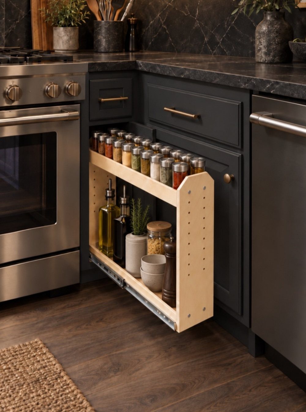 Light wood pull-out spice rack with two shelves extended from dark grey cabinetry.