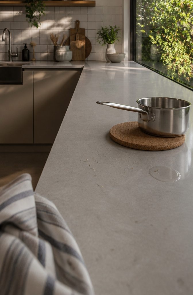 Quartz kitchen counter beside cabinetry with a trivet for hot cookware
