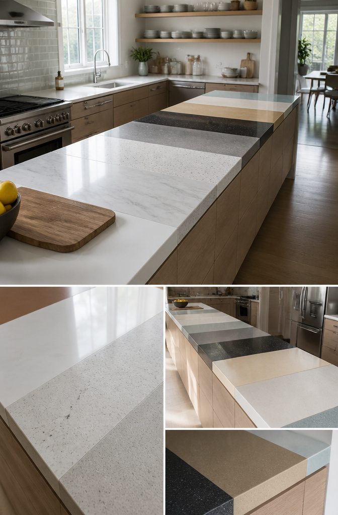 Kitchen with quartz surfaces among cabinetry, tile and stainless steel appliances