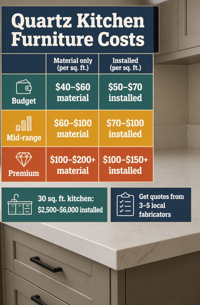 Quartz kitchen cost chart with budget, mid-range and premium price columns