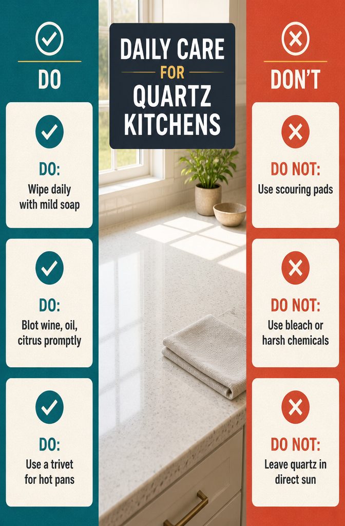 Quartz kitchen surface with cleaning cloth, dish soap and trivet
