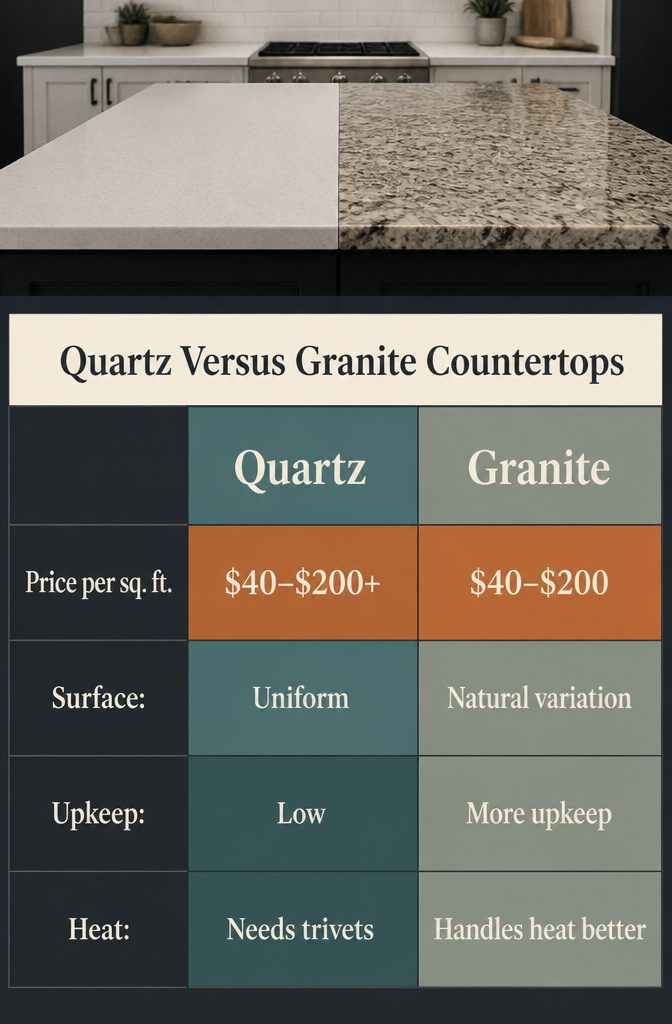 Countertop comparison chart listing quartz, granite, solid surface, butcher block and laminate