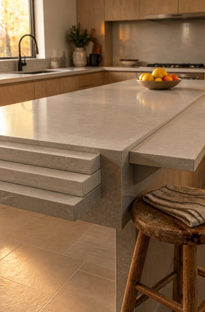 Quartz island with thick and plywood-backed sections, seating brackets and shaped edge samples
