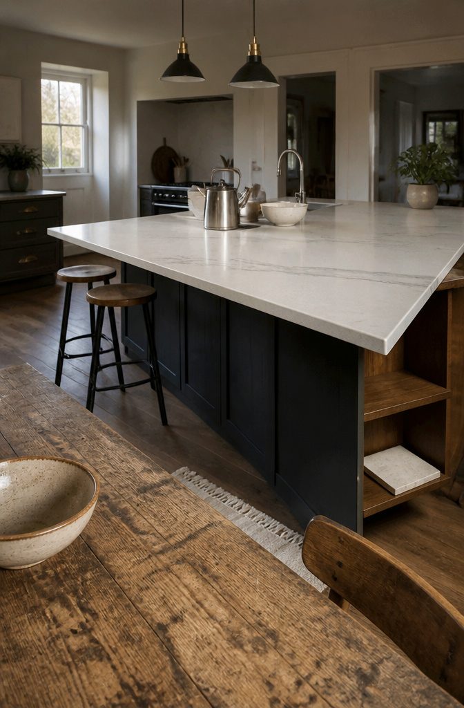 Quartz kitchen counter with a small chip repaired using color-matched epoxy