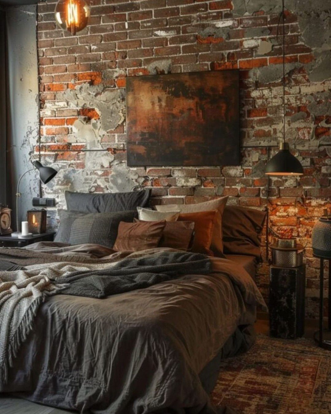 Bed with brown and charcoal bedding against an exposed red brick wall