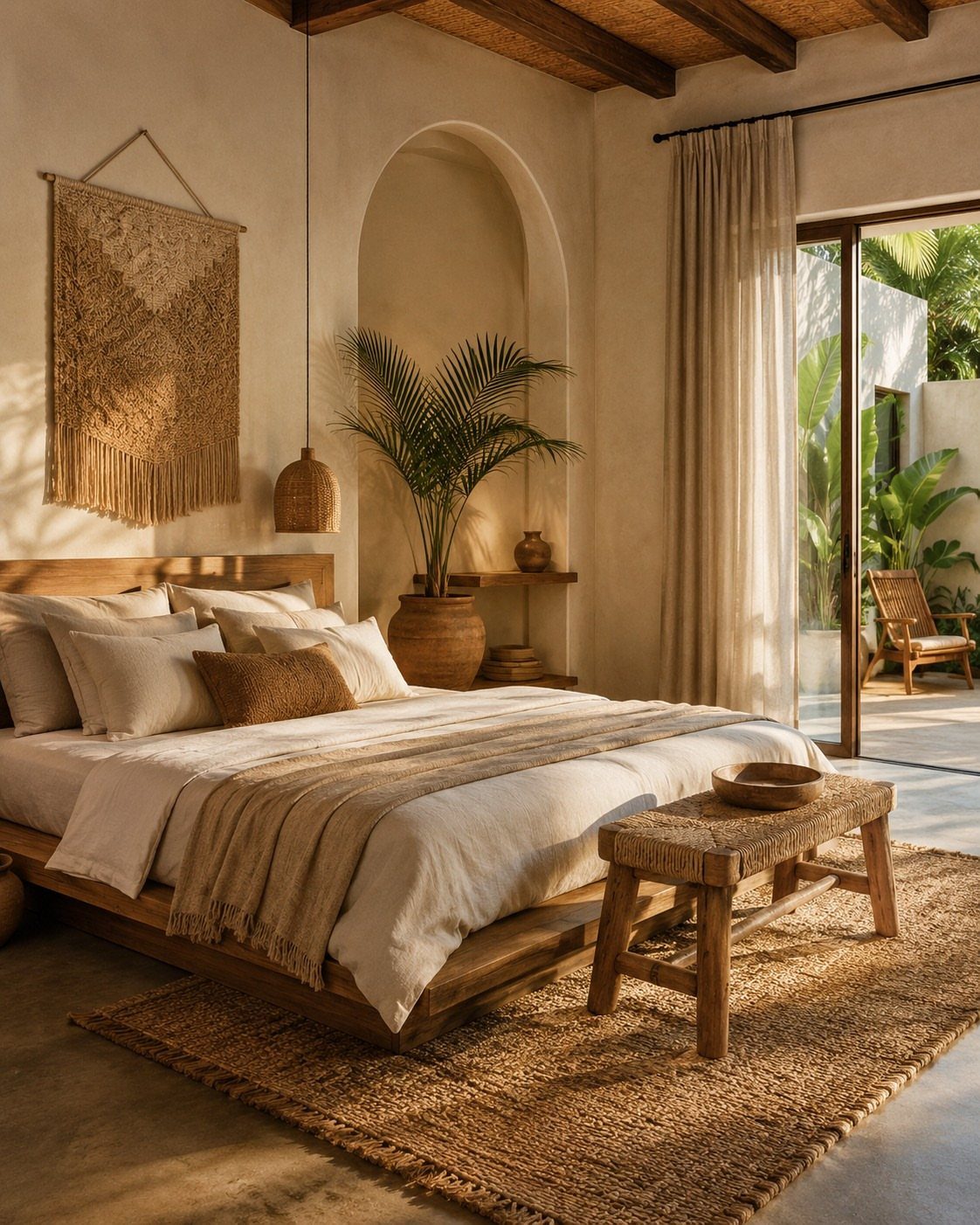Bohemian bedroom with wooden bed, jute rug, woven wall hanging, and earthy brown tones.