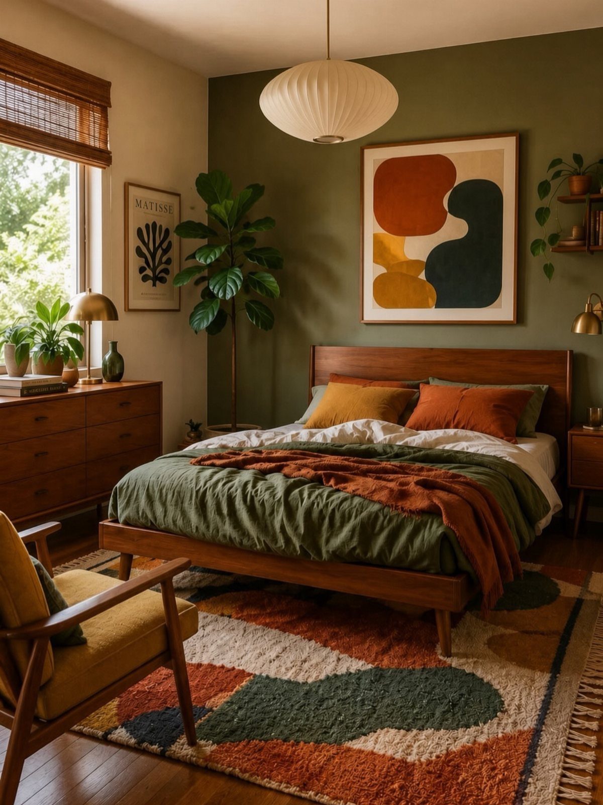 Olive green bedroom with brown wooden furniture, green bedding, and a colorful patterned rug.
