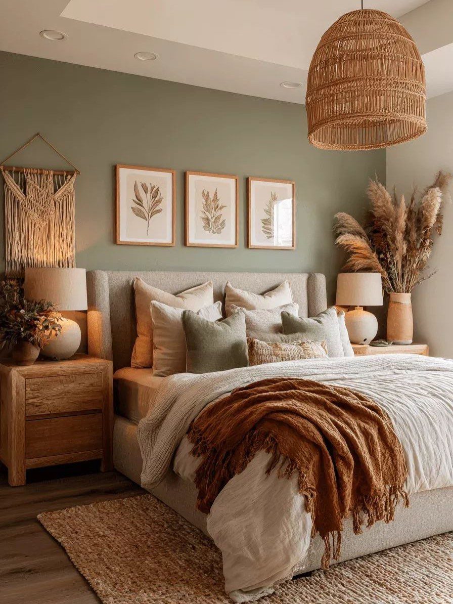 Cozy bedroom with olive green walls, layered brown bedding, and a textured brown rug.