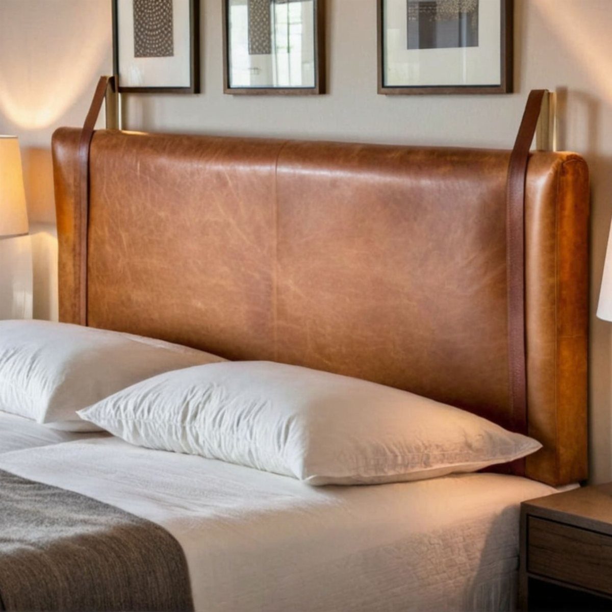 Brown leather headboard with white pillows and neutral bedding in a modern bedroom.