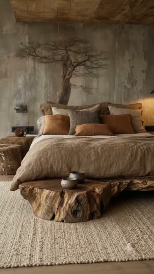 Rustic bedroom with raw wood furniture, linen bedding, and a tree wall mural.