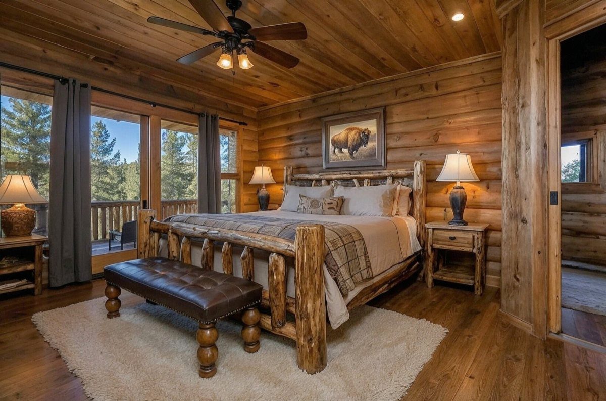 Rustic cabin bedroom with log walls, log bed frame, and brown leather bench.