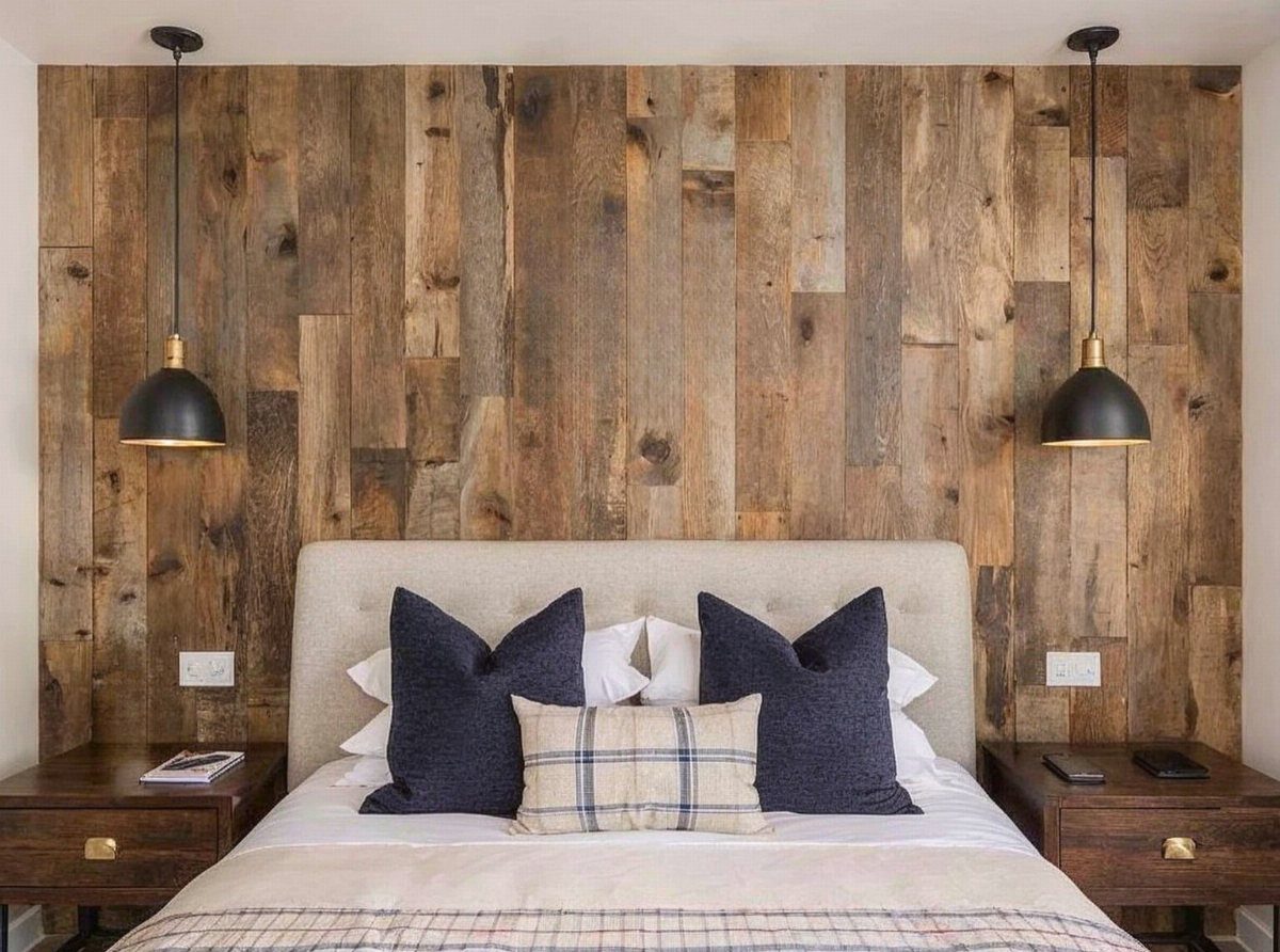 Rustic brown reclaimed wood plank wall behind a bed with blue pillows.