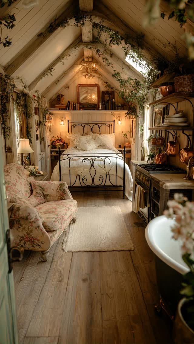Cozy attic bedroom with vintage floral armchair, black metal bed, and wooden beams.