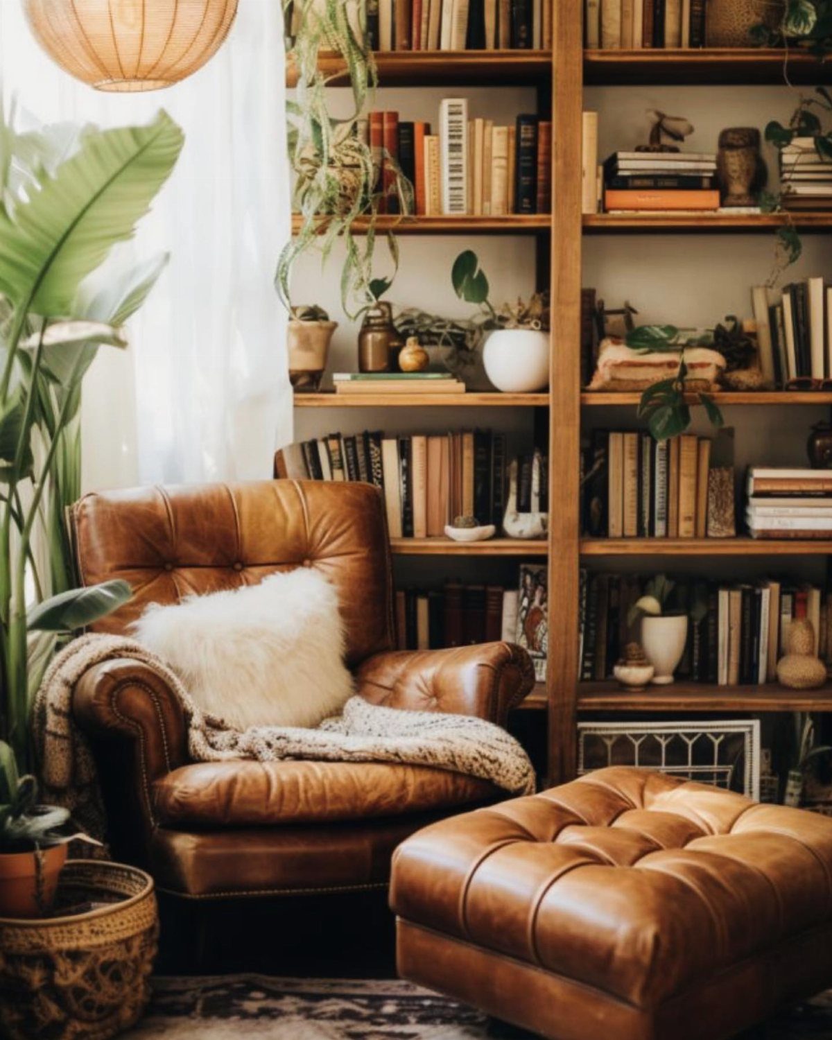 Vintage brown leather armchair with a white faux fur pillow and matching ottoman.