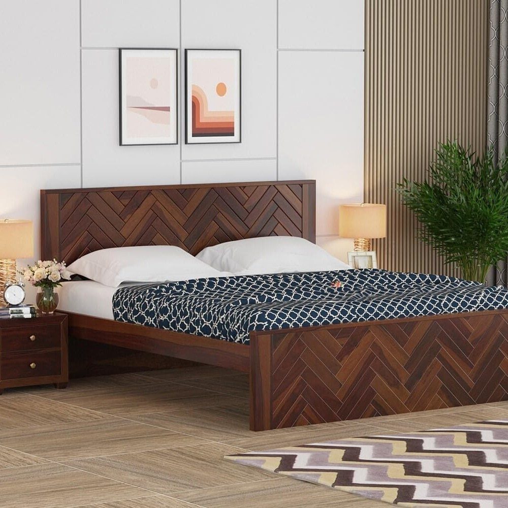 Dark brown wooden bed frame with herringbone pattern in a modern bedroom setting.