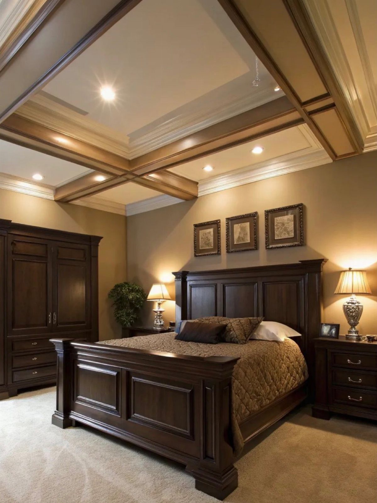 Dark brown wooden bed with quilted bedding under a coffered wood beam ceiling.