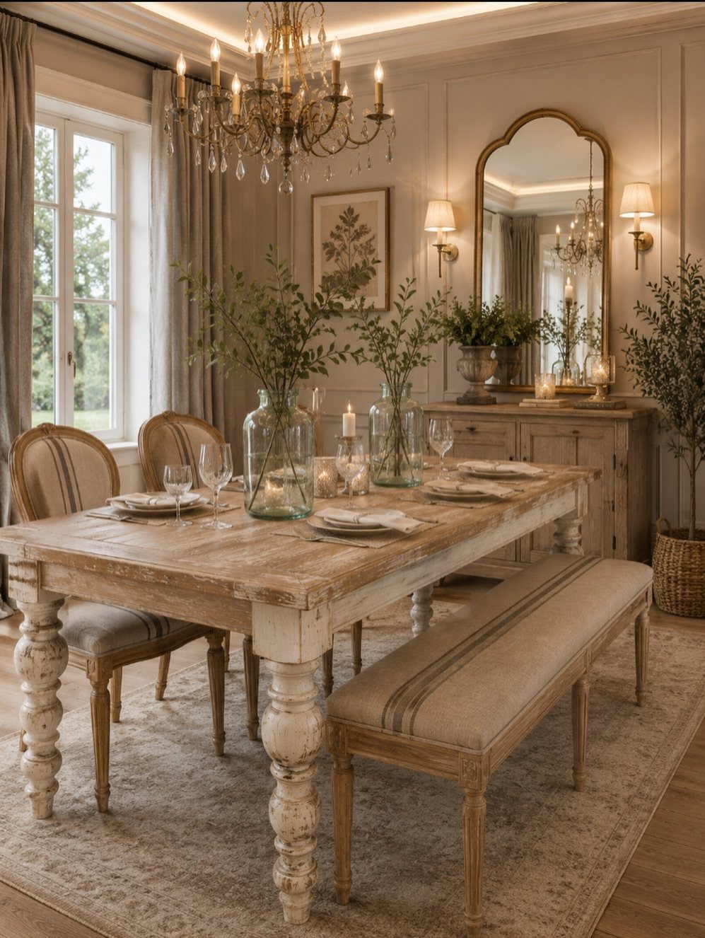 Distressed wood dining table with turned legs, upholstered chairs, and a matching bench.