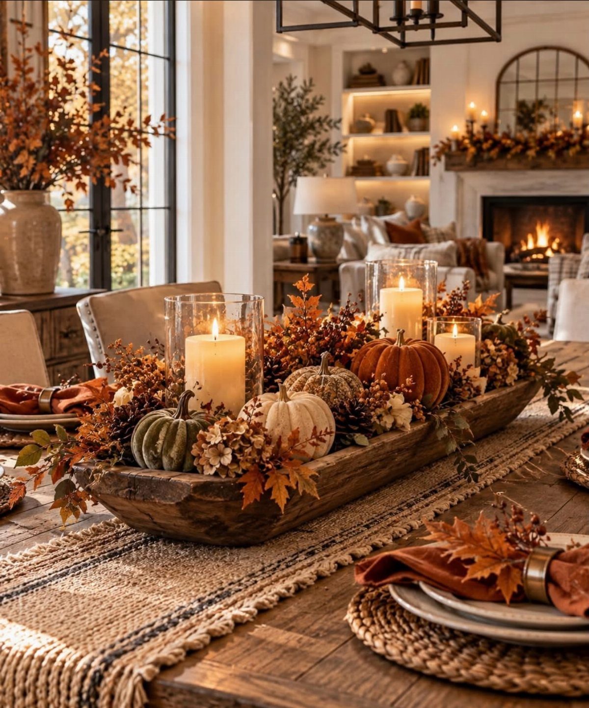 Autumn farmhouse table centerpiece with pumpkins, candles, and leaves in a wooden dough bowl.