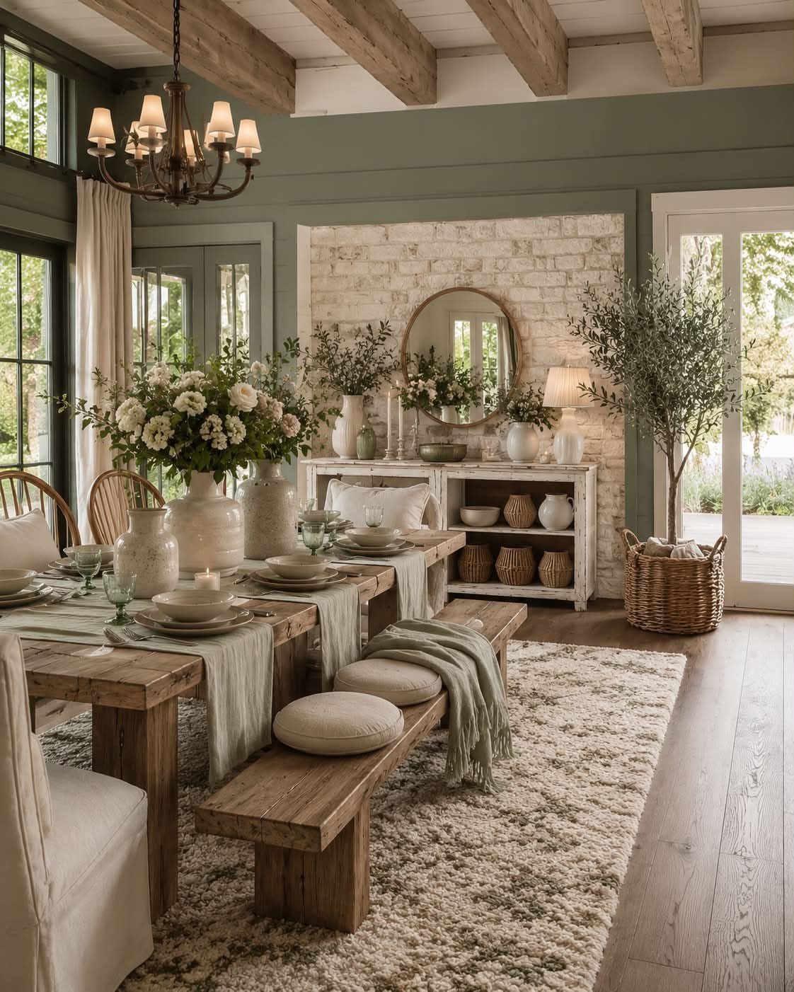 Rustic wooden dining table with a floral centerpiece and light green table runner.