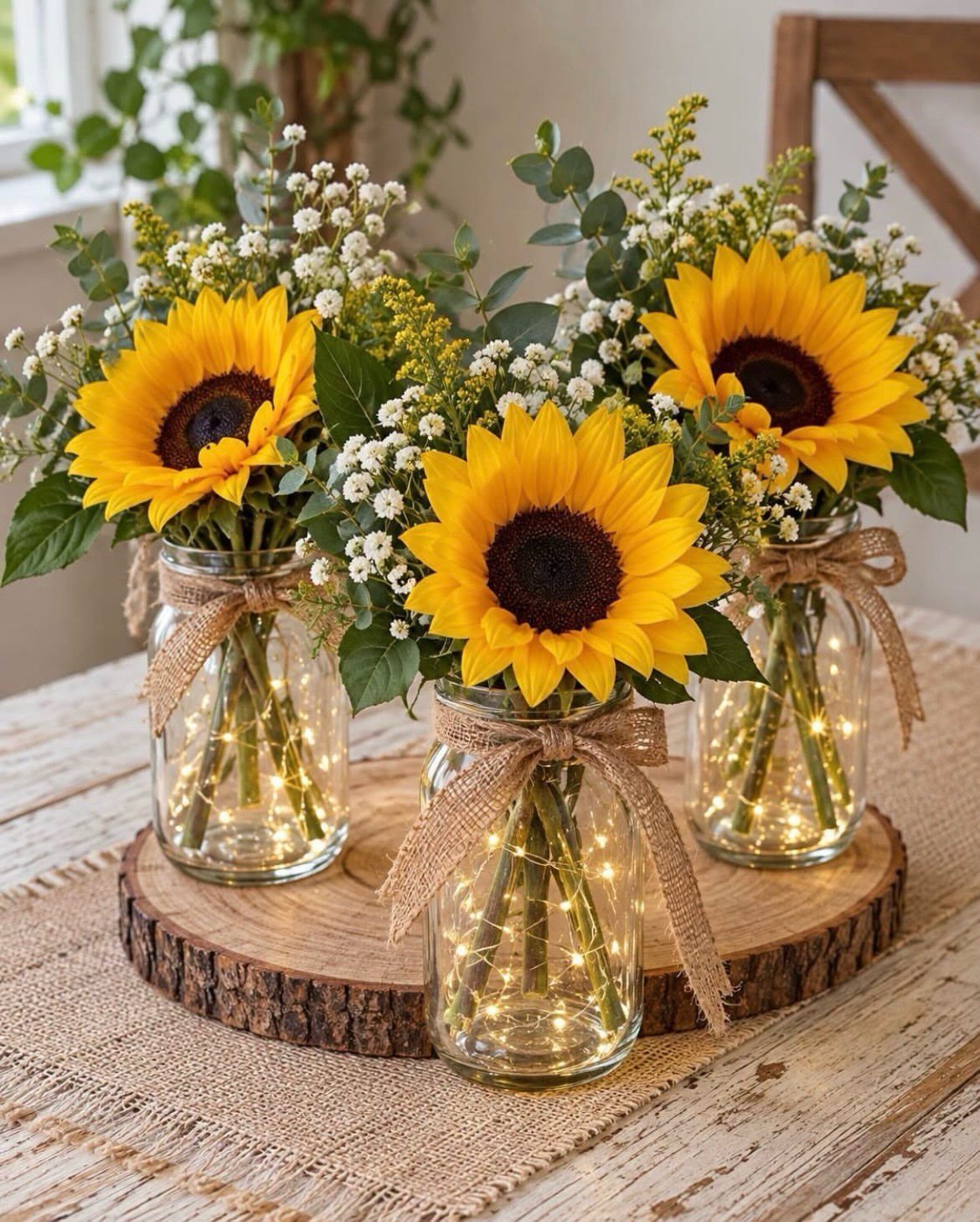 Sunflowers and baby's breath in burlap-wrapped mason jars on a rustic wood slice.
