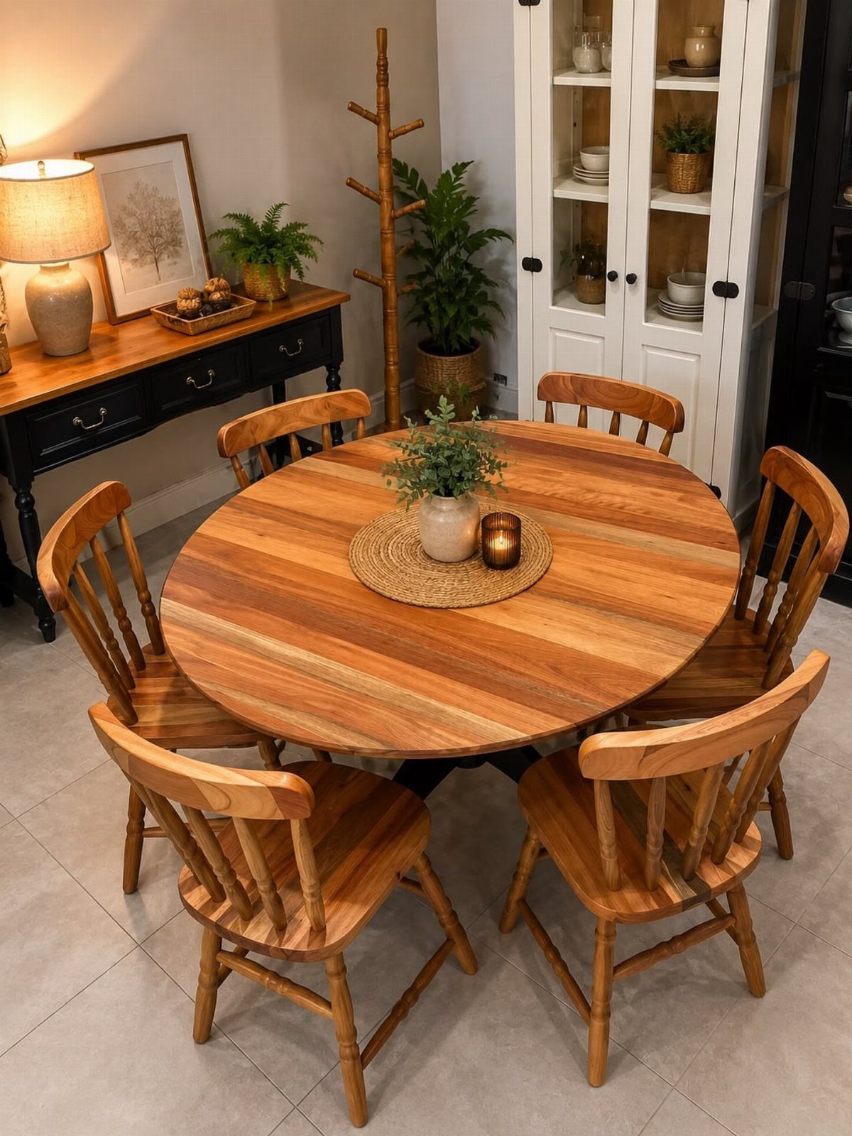 Round wooden dining table with four spindle-back chairs in a cozy home setting.