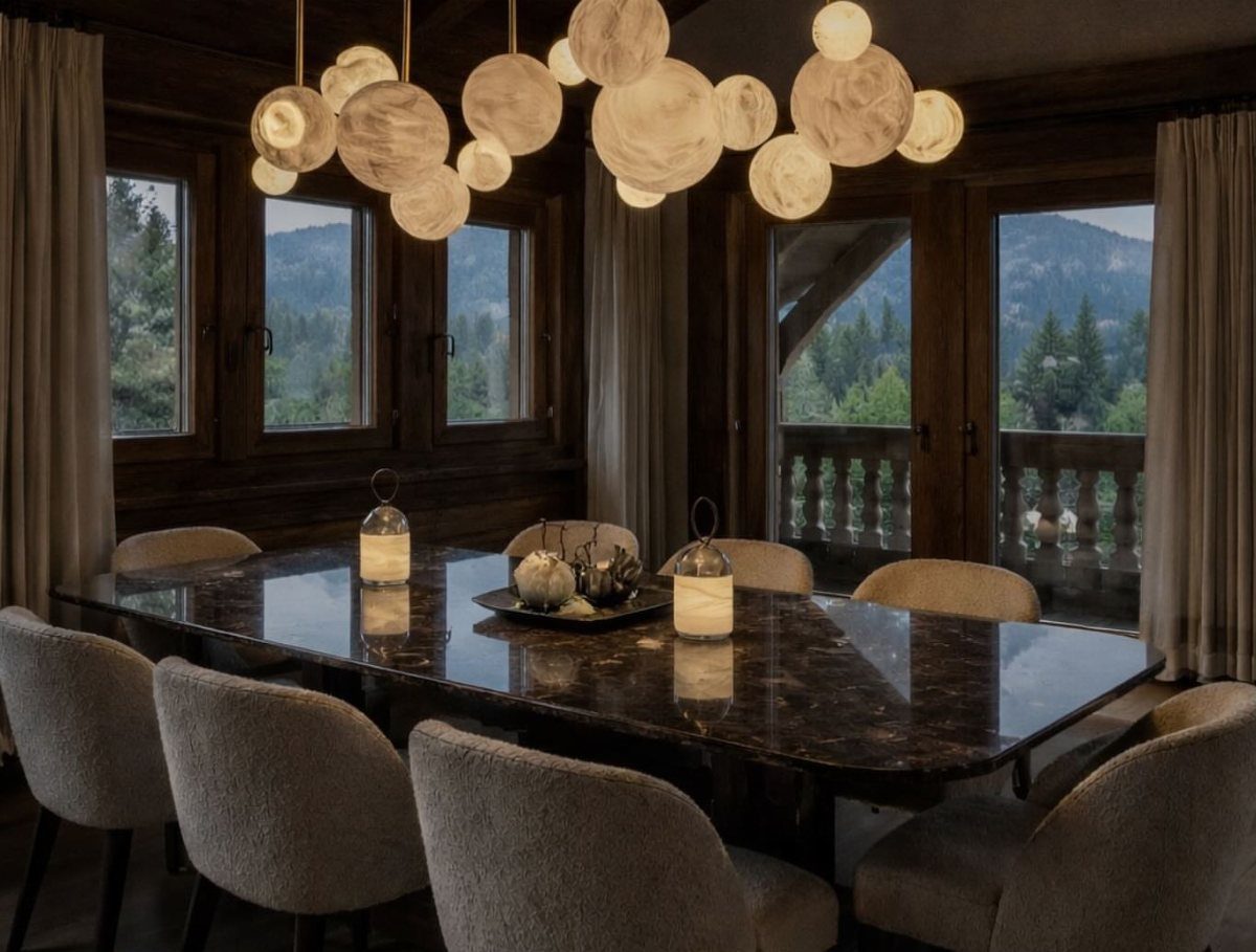 Modern spherical globe chandelier hanging over a dark marble dining table with beige chairs.